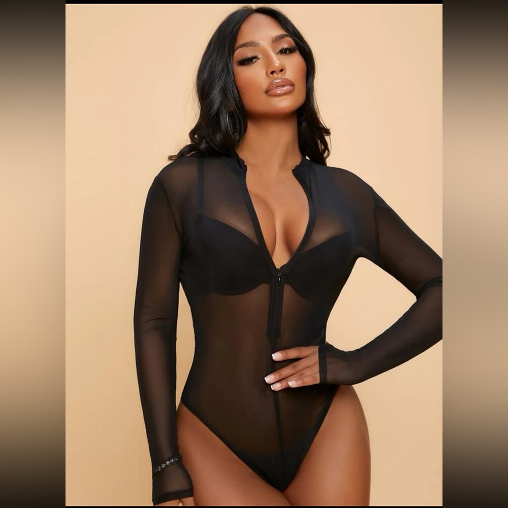 Half zipper mesh bodysuit